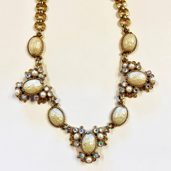 Vintage Selro Pearl & Aurora Borealis Crystal Gold Chain Necklace - Picture 3 of 9